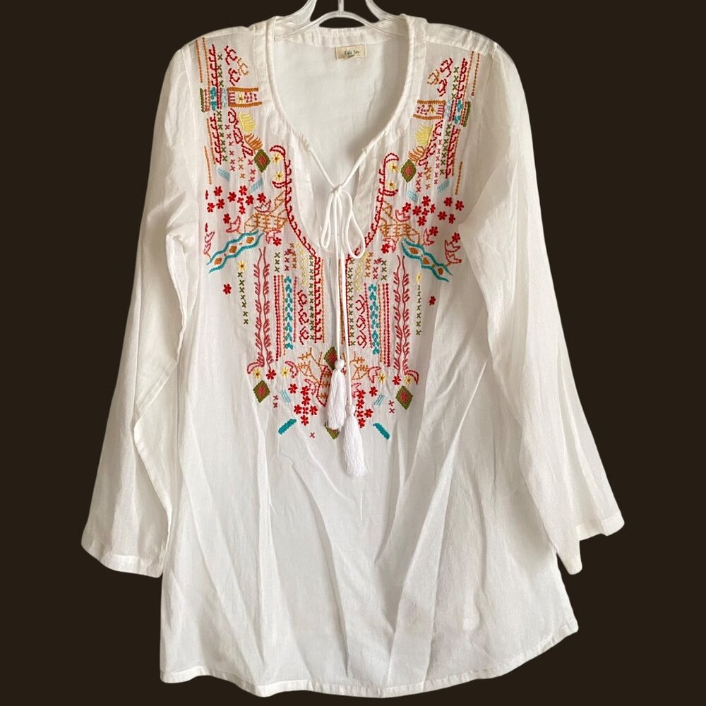 size L Kyla Sea Seo cotton white embroidered v-neck‎ tunic blouse boho